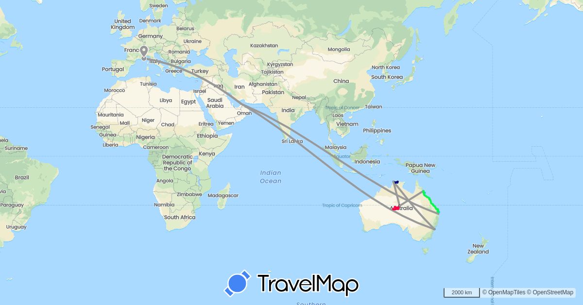 TravelMap itinerary: driving, bus, plane, boat, 4x4, camping-car, taxi in United Arab Emirates, Australia, France (Asia, Europe, Oceania)